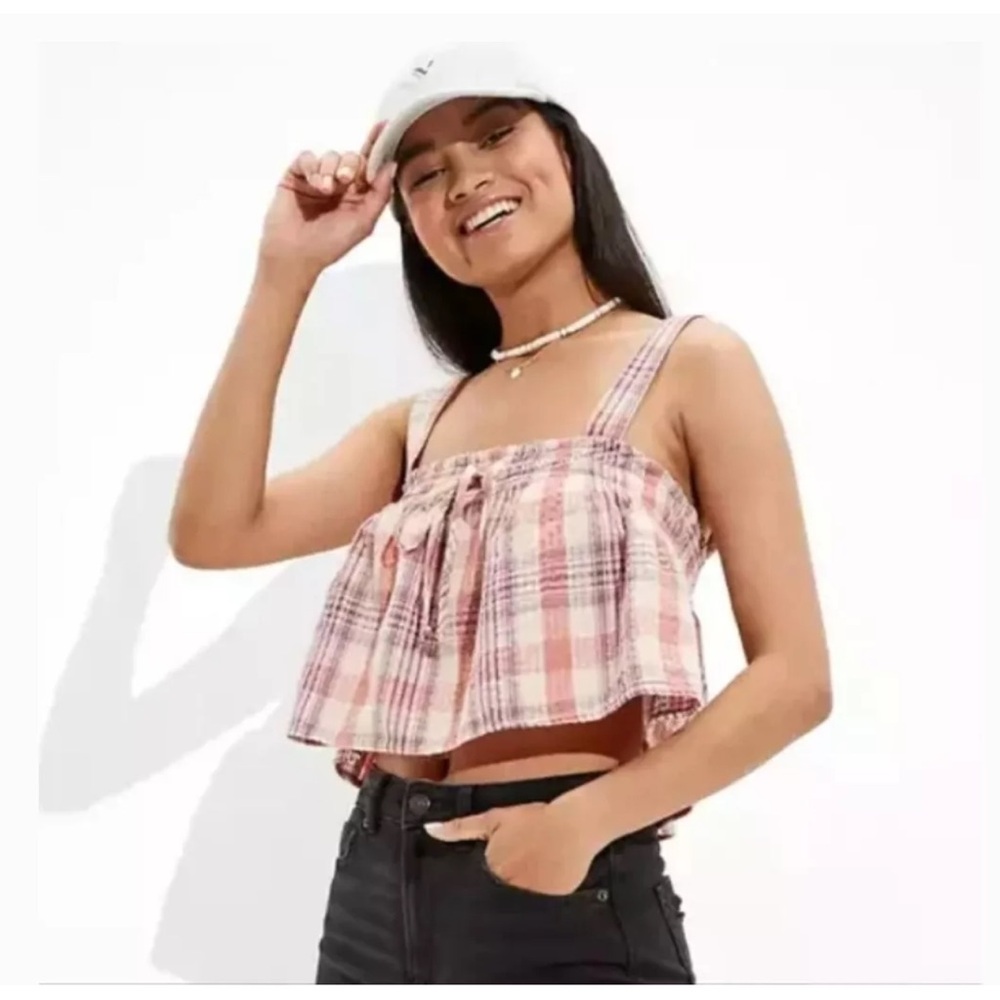 American Eagle Linen Blend Plaid Boho Mini top NEW without tags size M